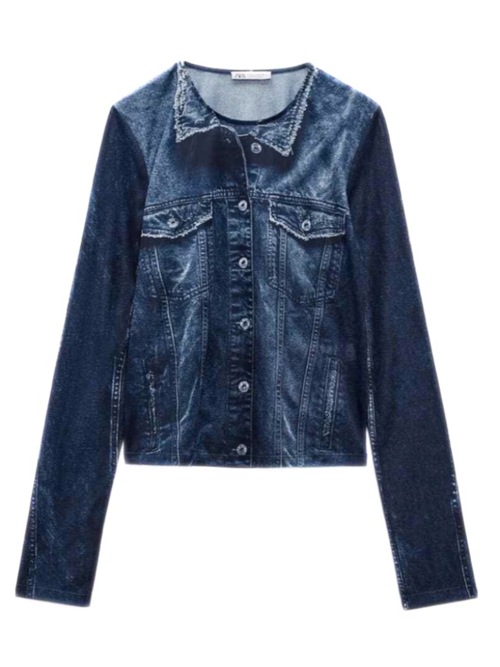 Zara Sheer Denim Jacket Print Crew Neck Top Size M